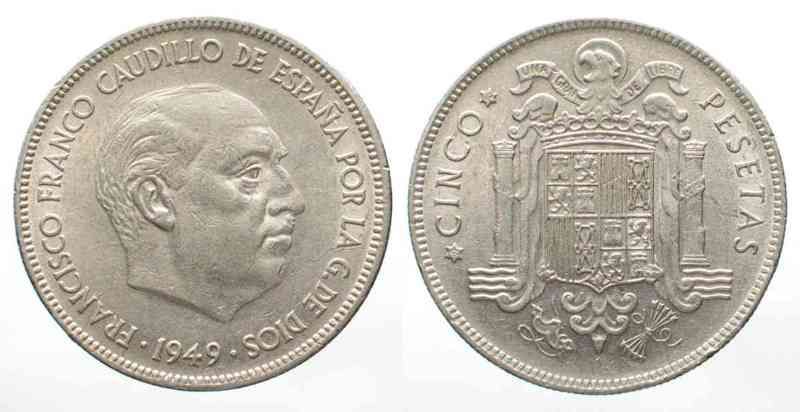 SPAIN SPANIEN 5 Pesetas 1949 (50) FRANCO # 57490  