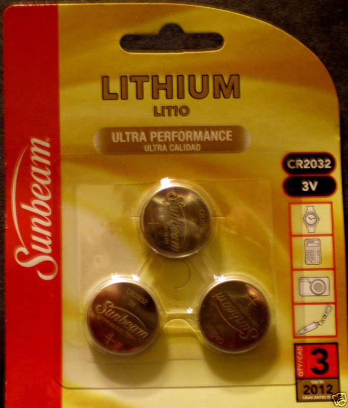 CR2032 Lithium Sunbeam 3V Button Battery 3 Pack NIB  
