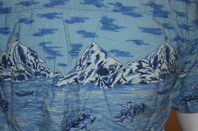 Blue Cotton Short Sleeve Hawaiian Shirt w Surfers BOYS  