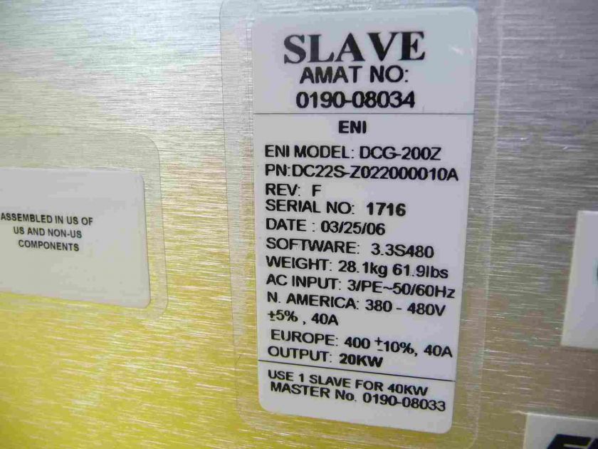 ENI DCG 200Z DC Power Supply Slave 0190 08034 Working  