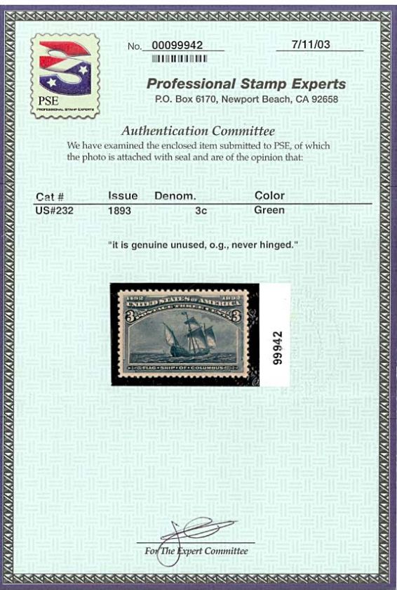 232, Mint XF SUPERB NH JUMBO GEM PSE CERT  