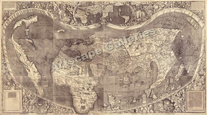 1507 Historic Wall Map Waldseemuller 1500s   14x24  