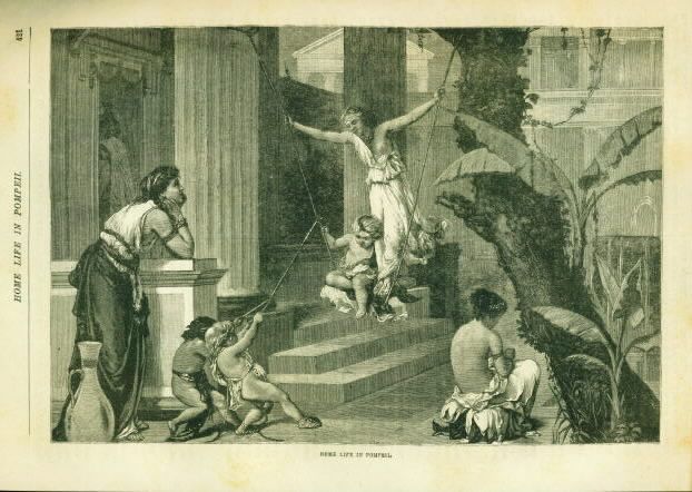 BEAUTIFUL LADIES CHILDREN IN POMPEII ANTIQUE PRINT 1882  