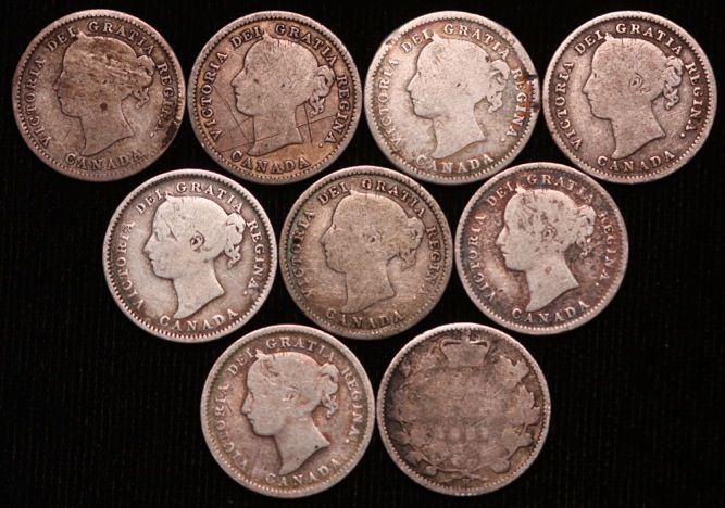 1858 1900 CANADA 10 Cents Silver Lot ~ 9 Different Dates/Types  