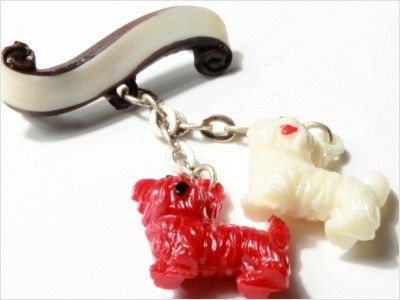 CZECH VINTAGE PLASTIC TWO DOG TERRIER DROPS BROOCH PIN  