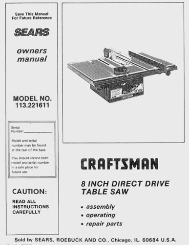  Craftsman Table Saw Owners Manual Many Models Av.  