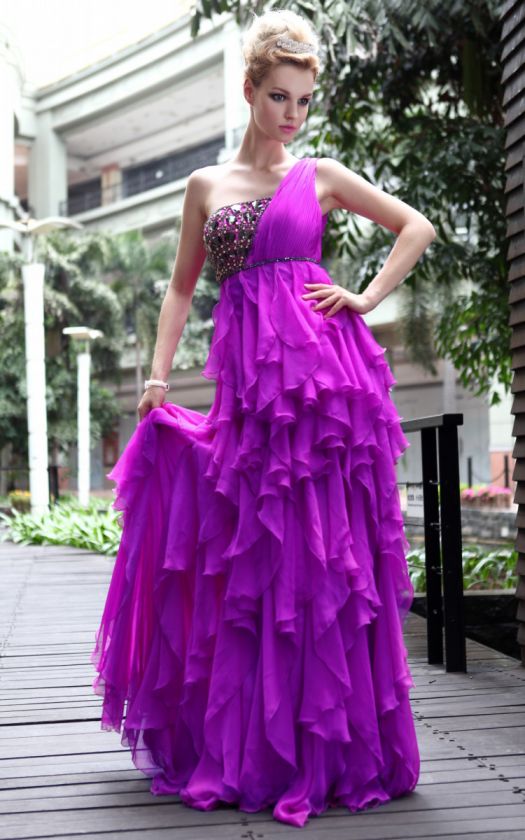 purple stylish woman cute sexy one shoulder long gentlewomanly evening 