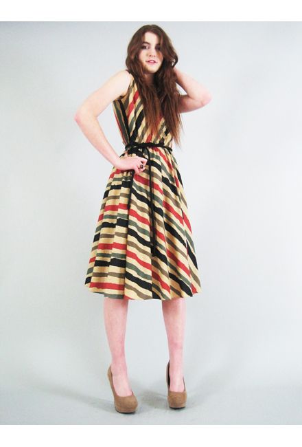 Vtg 70s DESERT ROUGH STRIPE EARTH TONE full skirt midi day sun dress 