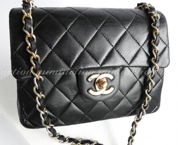 Auth CHANEL CLASSIC BLACK quilted lamb mini BAG #2590  