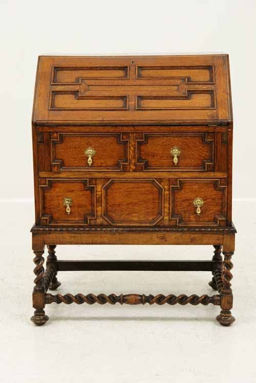 Antique Scottish Carved Oak Barley Twist Slant Front Desk, Bureau 