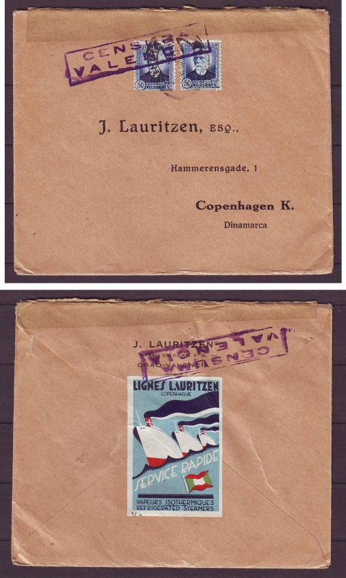 b5799/ Spain Denmark CW Censor Cover w/Ship Poster Seal  