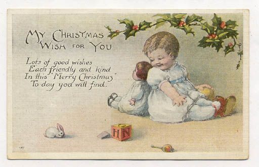 LITTLE GIRLS W/ CHRISTMAS DOLLS 2 OLD POSTCARDS PC6624  