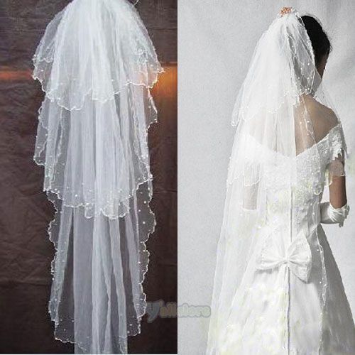Elegant Three Layer Beaded Wedding Bridal Veil White 3T  