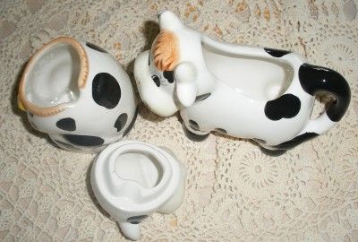   Vintage Black & White Porcelain Cow Creamer & Sugar Set Harvest Gifts