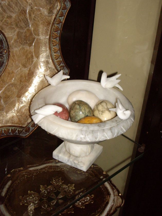   ITALIAN ALABASTER/MARBLE PEDESTAL BIRD BATH URN WITH EGGS  