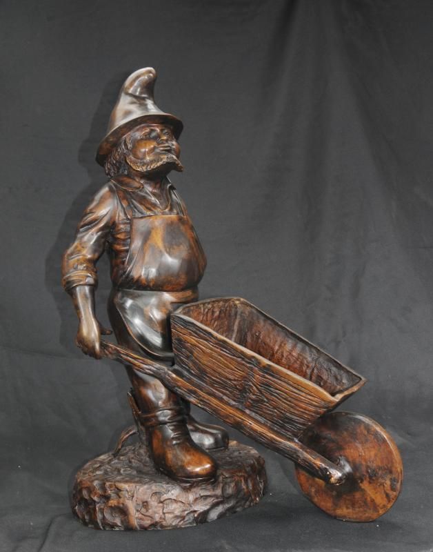 Bronze Garden Gnome Wheelbarrow Sculpture  