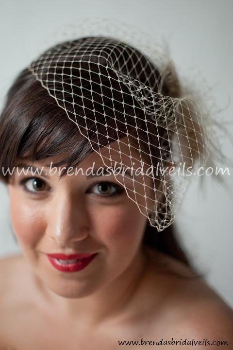 Birdcage Veil Short Wedge w Peacock & Ostrich Feathers  