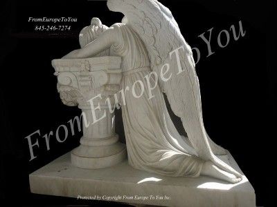 NICE WEEPING HAND CARVED MARBLE LAYING ANGEL STATUE  