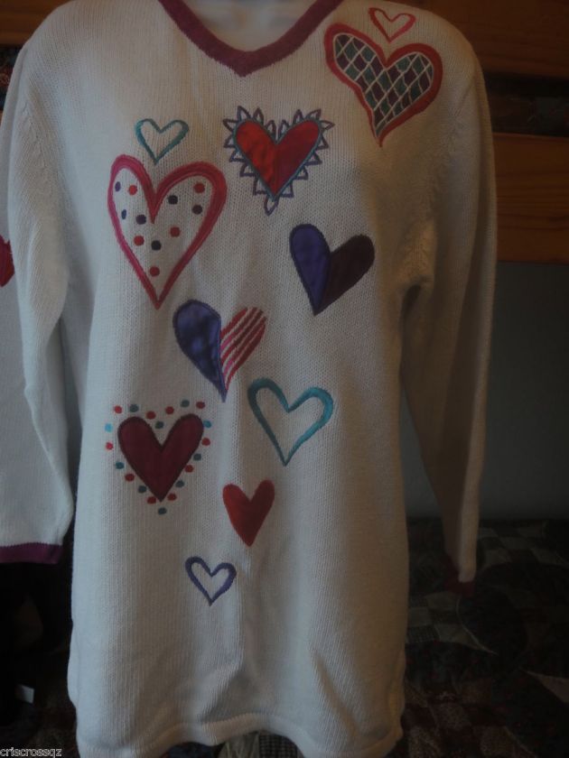 BOB MACKIE Wearable Art WHITE Valentine HEART Applique TUNIC Sweater 