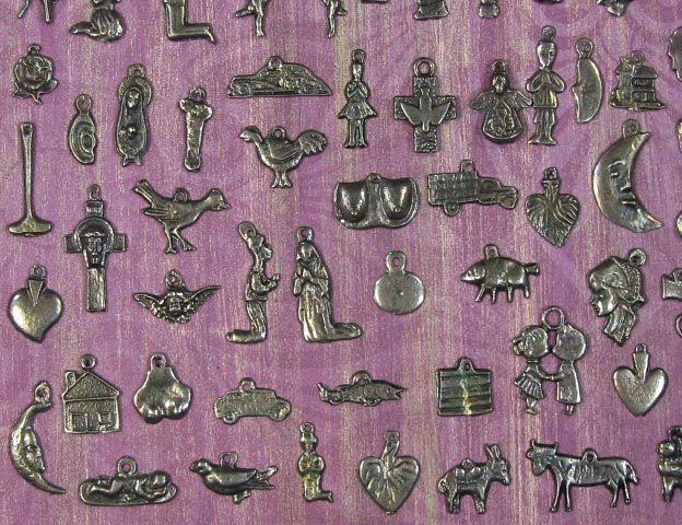 50 BEAUTIFUL ANTIQUED SILVER PATINA MILAGRO/EX VOTO SET