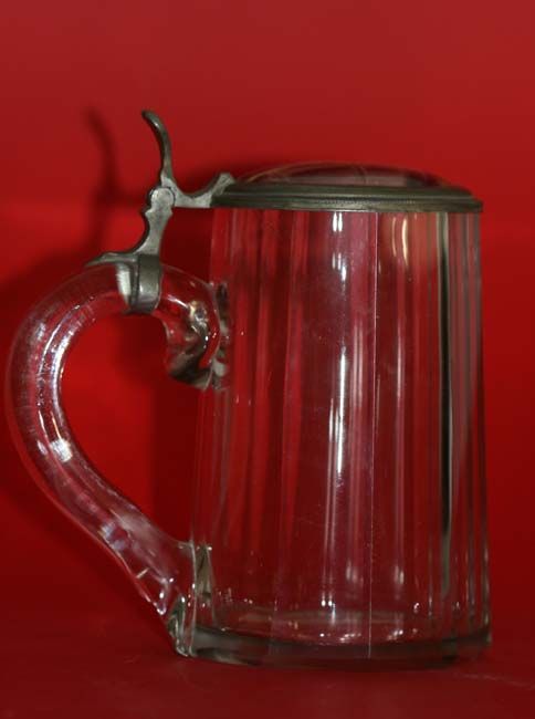 LIDDED CUT GLASS BEER STEIN PORCELAIN PAINTING c. 1860  