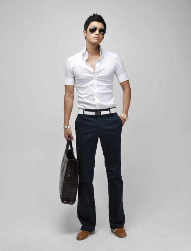 Mens Sexy Slim Fit Skinny Short Sleeve Dress Shirt  