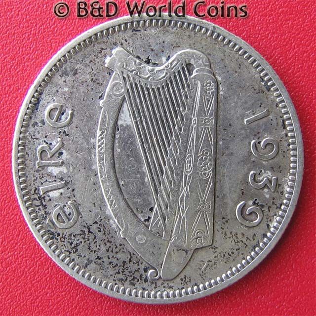 IRELAND IRISH 1939 1 SHILLING SILVER BULL 23.6mm KM#14  