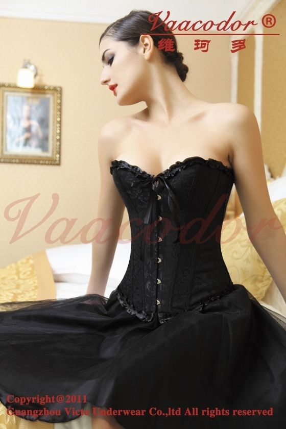 Boned A819 black Corset, v string & skirt Set  