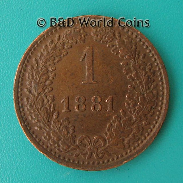 AUSTRIA 1881 ONE 1 KREUZER 19.3mm Copper coin KM#2186  