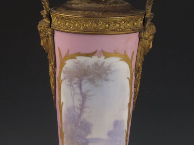 Antique Sevres 19th C Pink Jeweled Vase Urn Lamp  