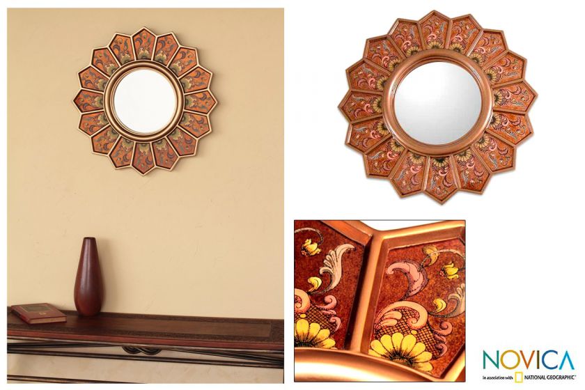 GOLD DAISIES~Reverse Painted Glass Wall Mirror~PERU Art  