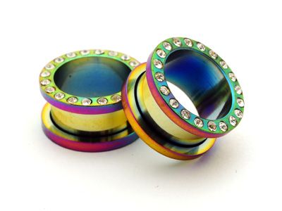 Pair Rainbow CZ Screw on Tunnels gauges plugs PICK SIZE  