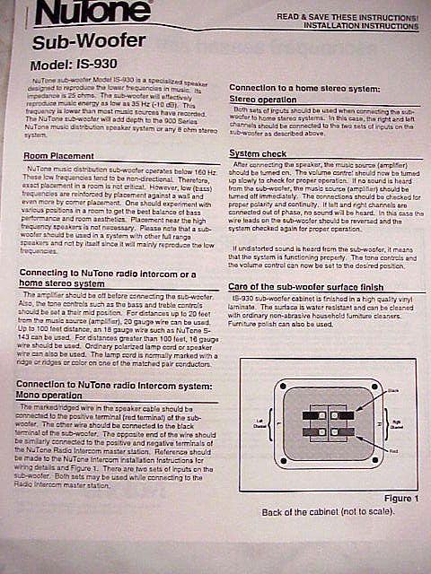 NuTone IS 930 900 SERIES bandpass DVC SUBWOOFER @@@ NEW  