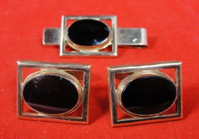 Vintage Mens Simmons Gold Black Glass Oval Deco Cufflinks & Tie Bar 