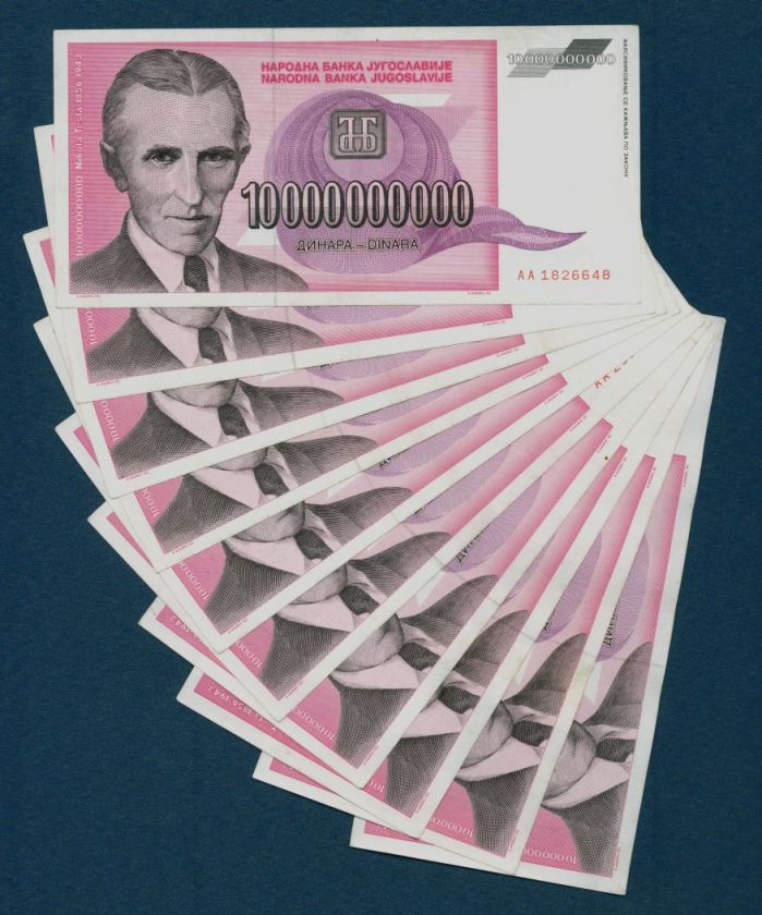 10 BILLION YUGOSLAVIA DINARA x 10 NOTES ☼ NIKOLA TESLA  