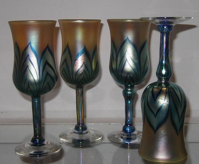 Lundberg Studio Paperweight Iridescent Glass Wine Stems  