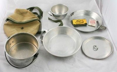 Vintage Boy Scout Camping Gear Canteen Case Cup Frying Pan Pot w 