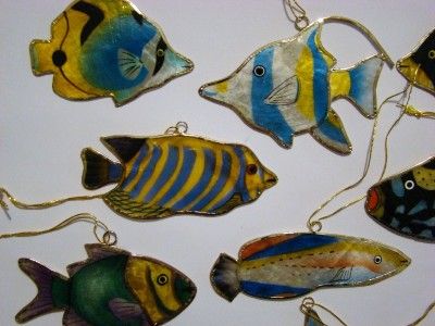 HAND PAINTED CAPIZ SHELL TROPICAL FISH CHRISTMAS ORNAMENTS/ 12PCS~SET 