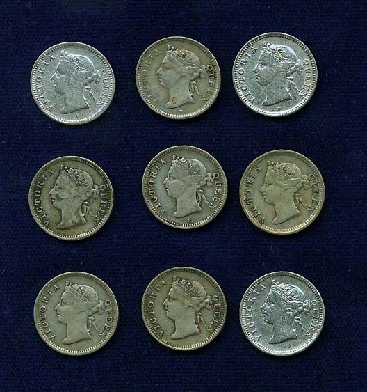 HONG KONG VICTORIA 5 CENTS COINS, INCLUDES 1887,1888,1889,1889 H 
