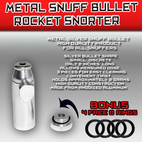 Premium Grade Silver Metal Bullet Snuff Rocket Snorter + 4 Extra Free 