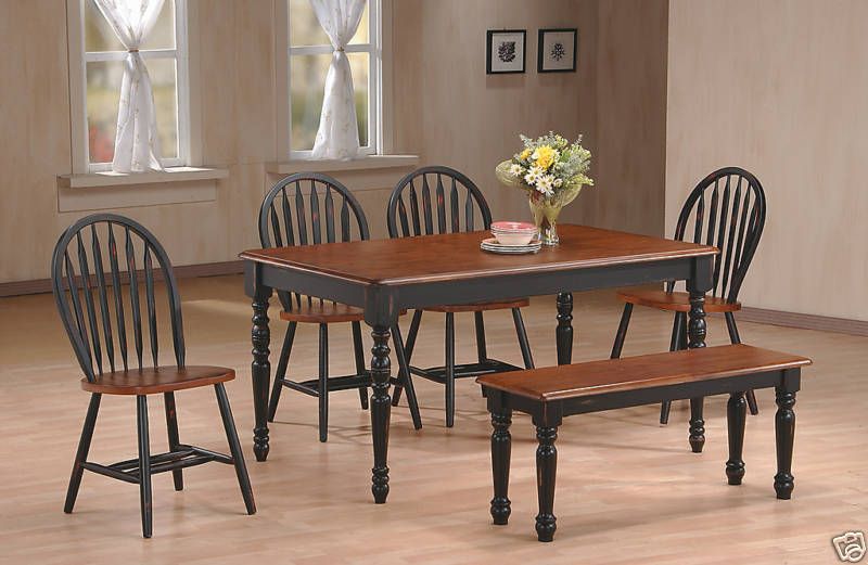 Antique Black / Cherry Wood Farmhouse Dining Table Set  