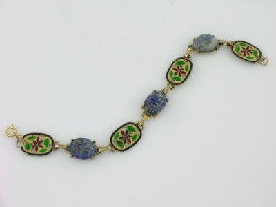 VINTAGE STERLING ENAMELED FLOWER BEETLE SCARAB CHARM BRACELET  