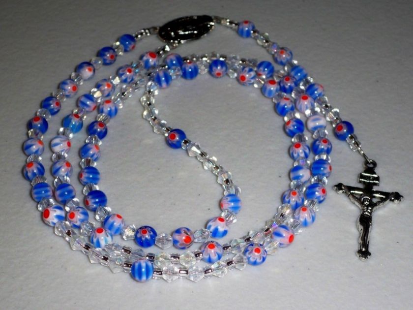 Rosary Bead Necklace ~ Millefiori ~ Red White Blue  