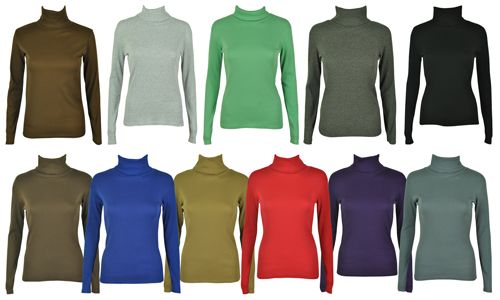 LADIES STRETCH RIBB WOMENS LONG SLEEVE POLO NECK TOP  