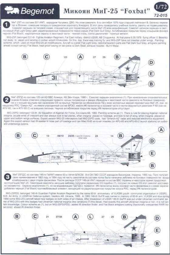   Decals 1/72 MIKOYAN MiG 25 FOXBAT Russian Fighter w/Masks  