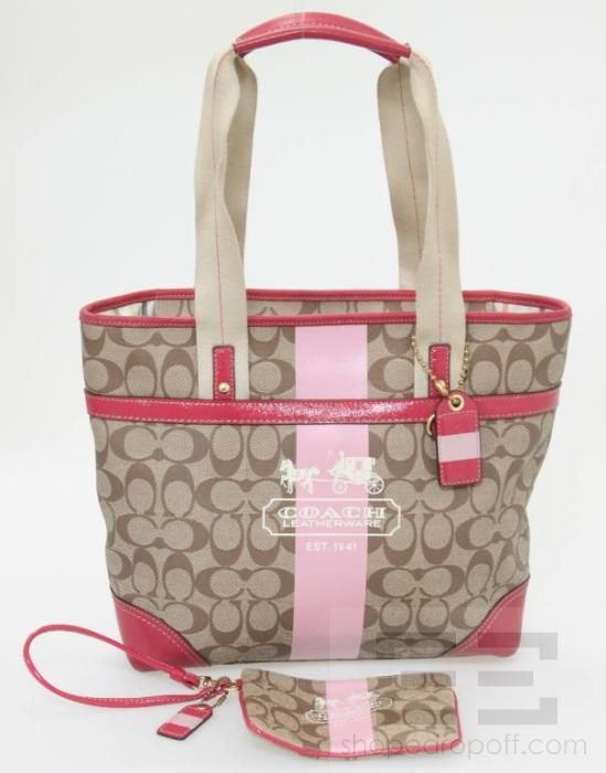 Coach 2pc Brown Monogram Coated Canvas & Pink Heritage Stripe Tote 