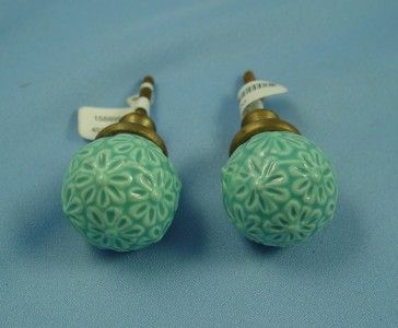 ANTHROPOLOGIE CABINET, DRESSER KNOBS, AQUA FLOWER DESIGN, BRASS 