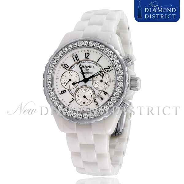   DIAMOND WHITE CERAMIC CHANEL J12 CHRONOGRAPH 41MM H1007 WATCH sku19