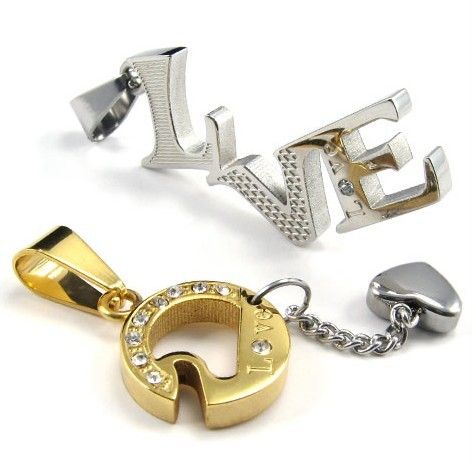 Stainless Steel Mens Love Letters Heart Jigsaw Necklace Pendant Set 