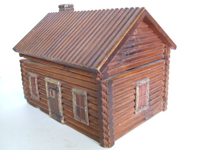 c1920 Folk Art Carved LOG CABIN Craft Box NICE PATINA  